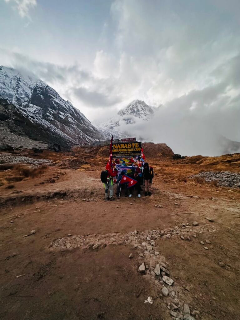 Annapurna Base Camp with snow peaks behind
