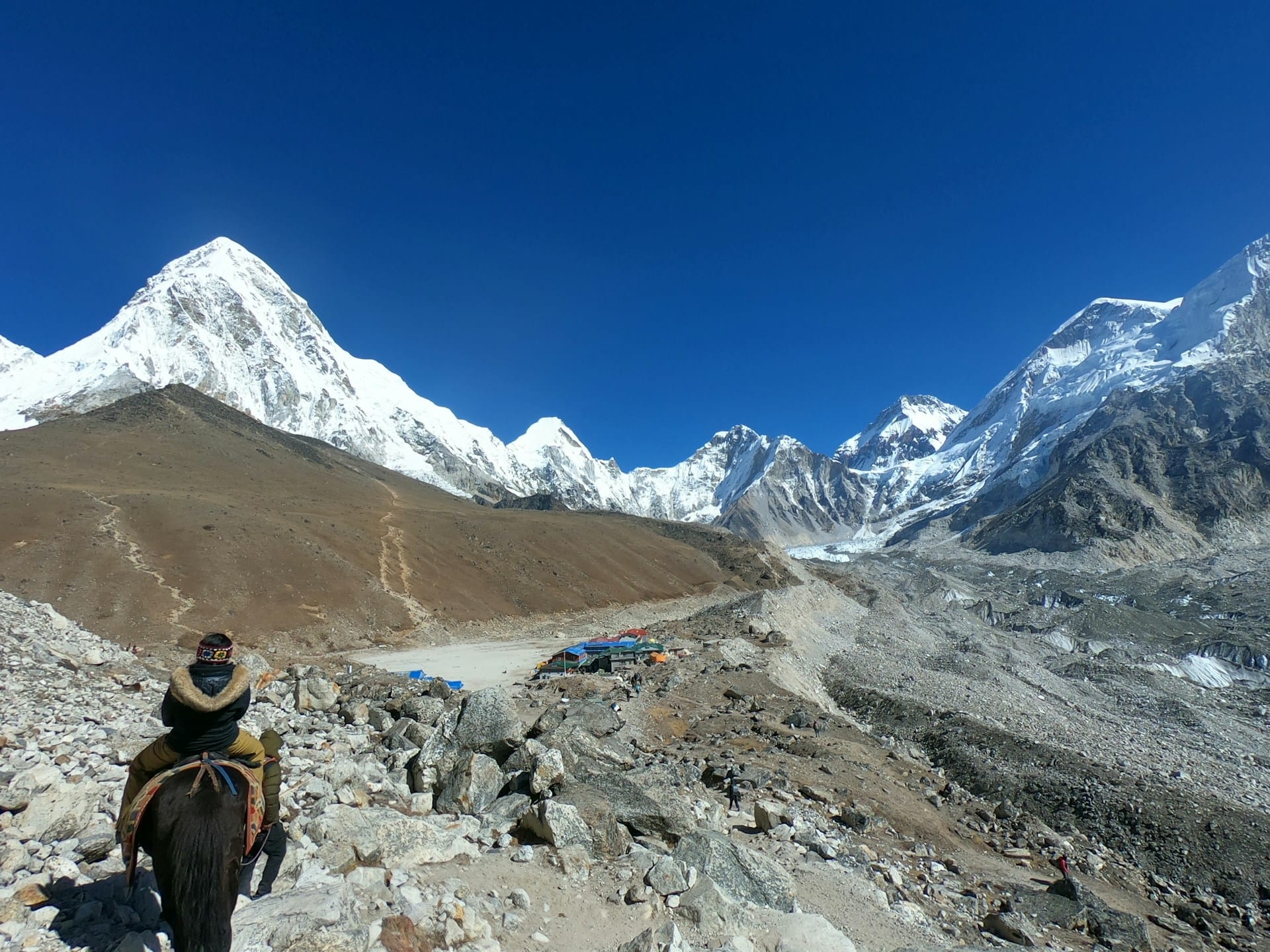 A person riding a horse down a rocky trail toward Gorak Shep village, surrounded by massive snow-covered Himalayan peaks under a clear blue sky, showing the dry and sunny weather typical of the best time to trek Everest Base Camp.
