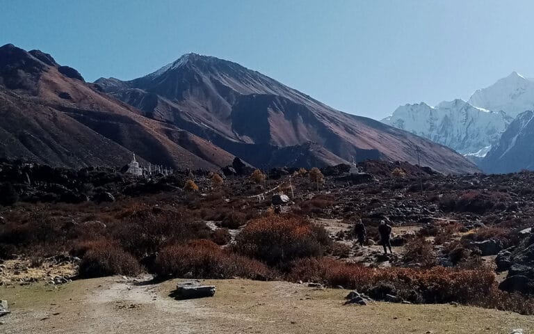 Langtang Valley at midday with mountain backdrop