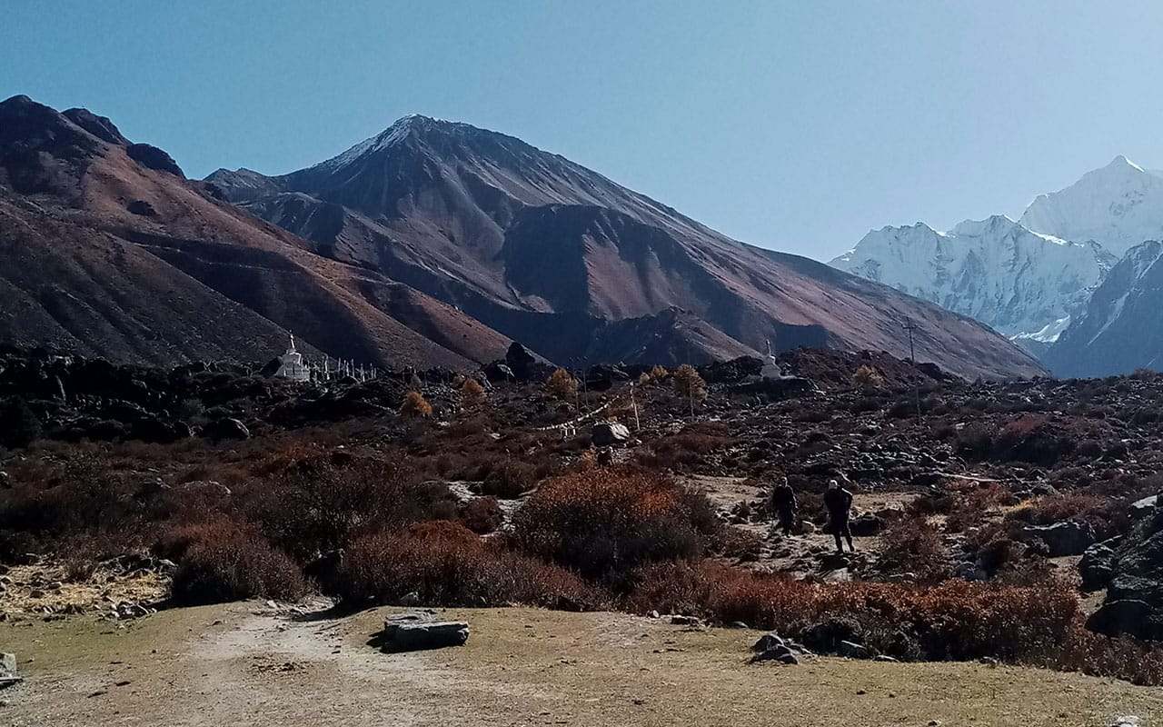Langtang Valley at midday with mountain backdrop