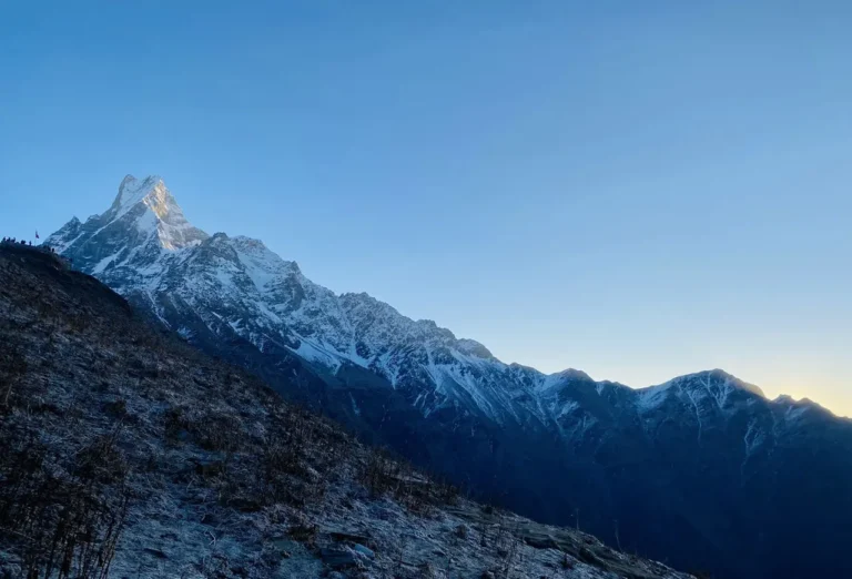 Sunrise over Machhapuchhre (Fishtail Mountain) in the Annapurna Himalayan range of Nepal.