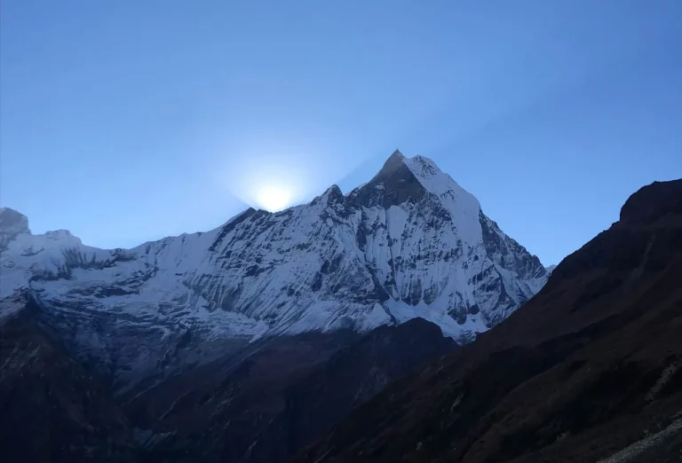 Majestic sunrise over snow-capped Machhapuchhre (Fishtail Mountain) in the Annapurna range of Nepal.