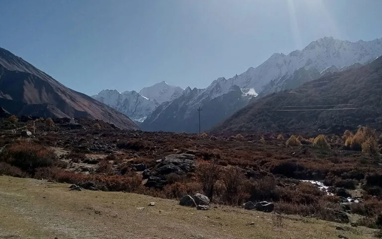 Mountain range in Langtang Valley, Langtang Region, Nepal, with snow-capped Himalayan peaks and scenic alpine landscape.
