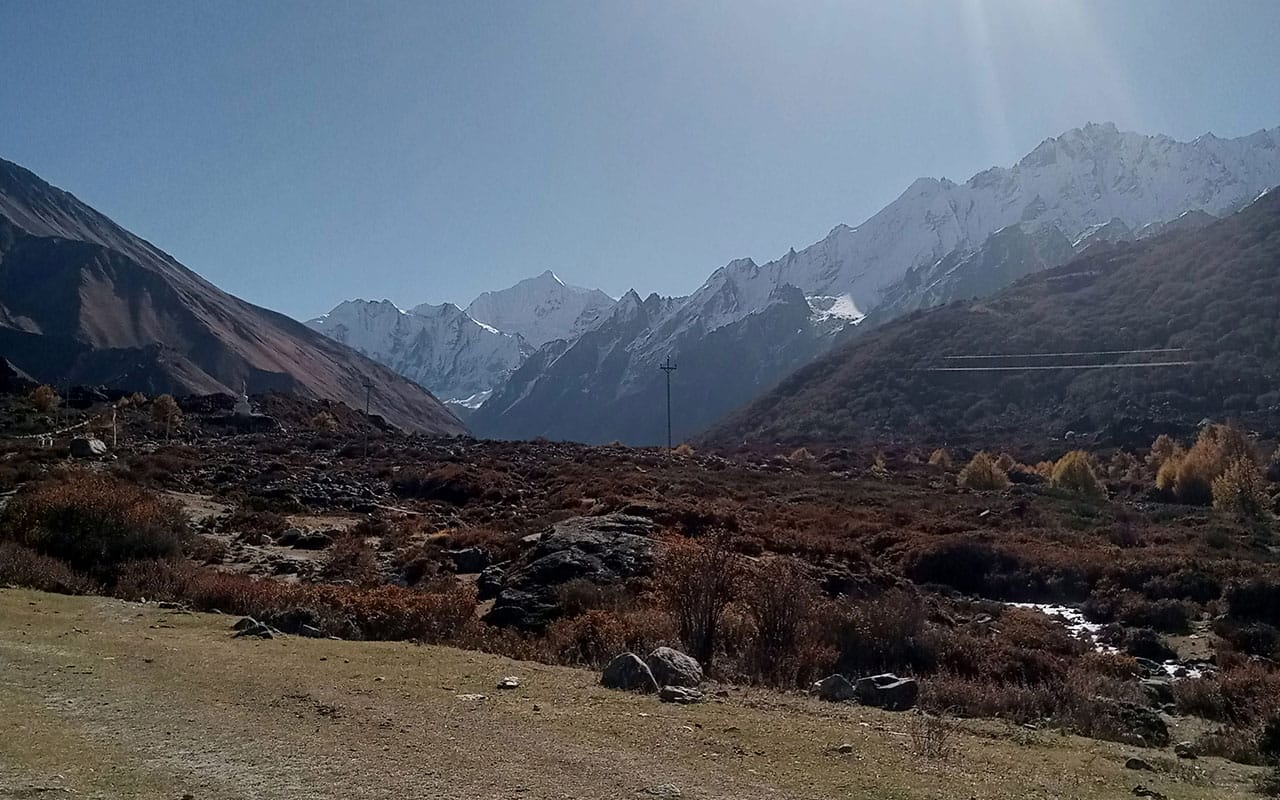 Mountain range in Langtang Valley, Langtang Region, Nepal, with snow-capped Himalayan peaks and scenic alpine landscape.