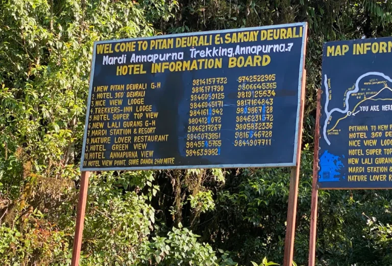 An information board for hotels and lodges at Pitam Deurali on the Mardi Himal trekking trail in the Annapurna region of Nepal.