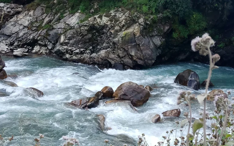 White water rapids flowing through a rocky mountain river gorge with turquoise water and lush green hills.