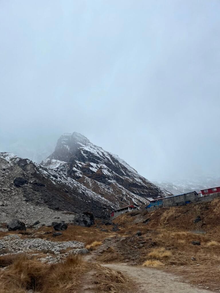 Snowy Annapurna peak above the trekking trail