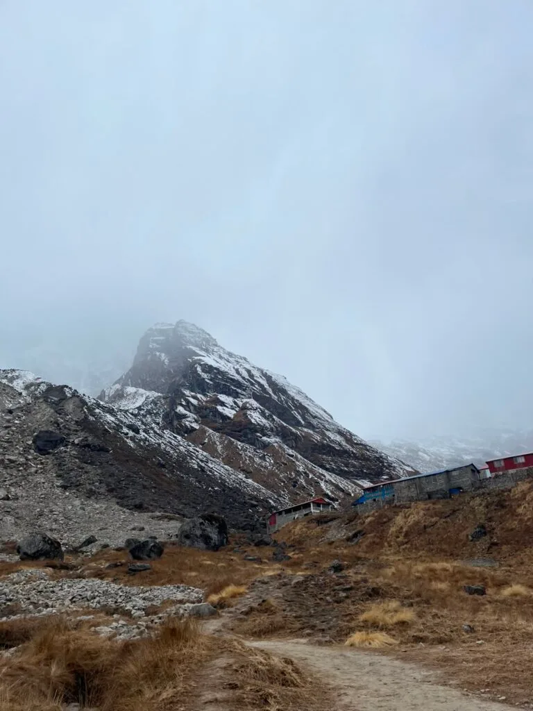 Snowy Annapurna peak above the trekking trail
